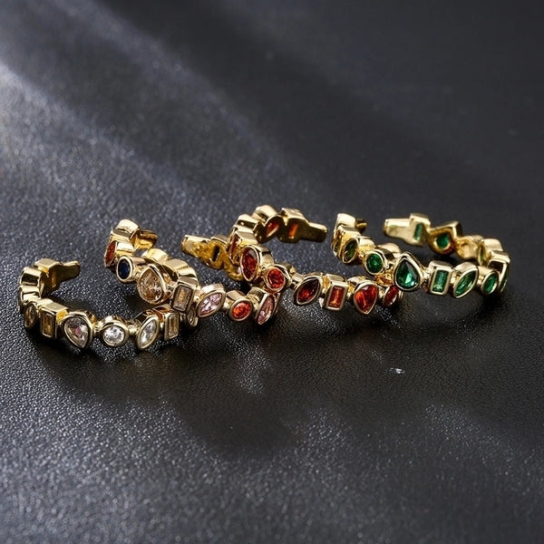 Fashion Geometric Open Copper Plated 18K Gold Colorful Zircon Ring