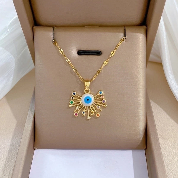Fashion Devil'S Eye Star Moon Stainless Steel Copper Inlay Rhinestones Pendant Necklace