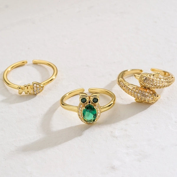 French Style Animal Owl Copper 18K Gold Plated Zircon Open Ring In Bulk