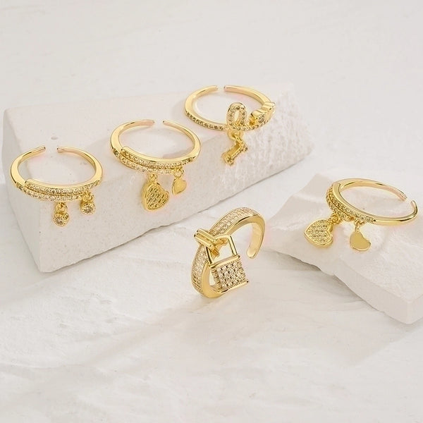 Shiny Heart Shape Lock Copper Plating Inlay Zircon 18K Gold Plated Charm Ring Open Ring