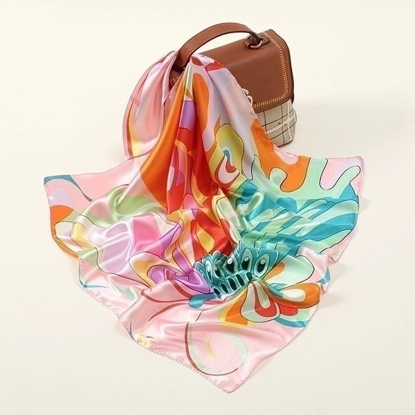 Women'S Retro Color Block Satin Printing Silk Scarf