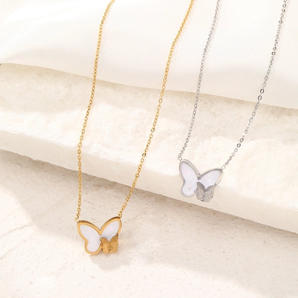 Sweet Butterfly 304 Stainless Steel Shell Inlay Pendant Necklace