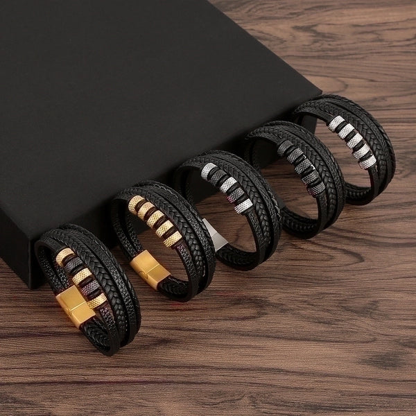 Vintage Style Solid Color Stainless Steel Pu Leather Handmade Men'S Bracelets