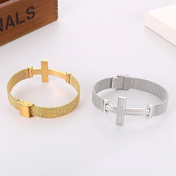 Retro Punk Cross Solid Color Titanium Steel Inlay Zircon 18K Gold Plated Men'S Bracelets