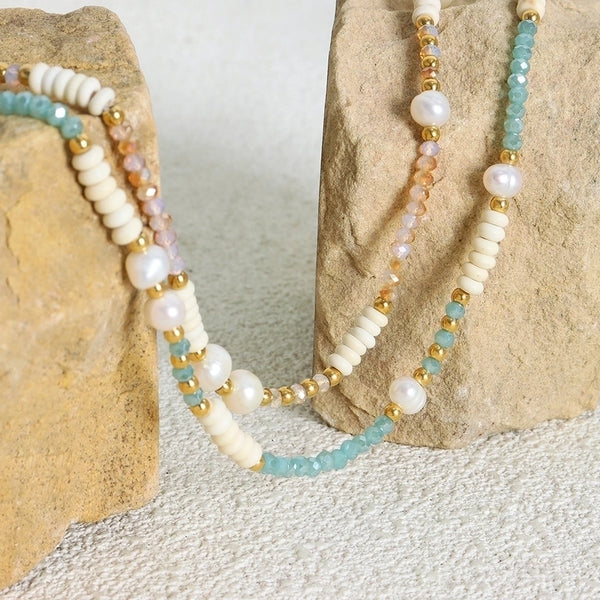 Fairy Style Sweet Korean Style Geometric Freshwater Pearl Glass Titanium Steel Plating 18K Gold Plated Women'S Necklace