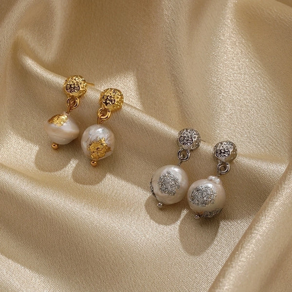 1 Pair Classical Retro Round Plating Inlay Copper Freshwater Pearl 18K Gold Plated Silver Plated Drop Earrings