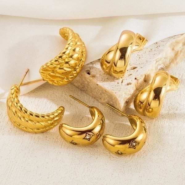 1 Pair Elegant Retro Roman Style C Shape Plating Inlay Stainless Steel Zircon 18K Gold Plated Ear Studs