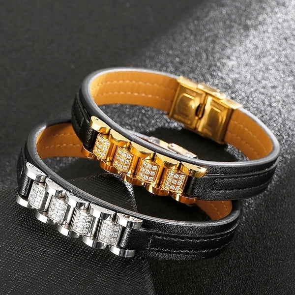 Hip-Hop Retro Color Block Pu Leather Titanium Steel Chain 18K Gold Plated Men'S Bangle