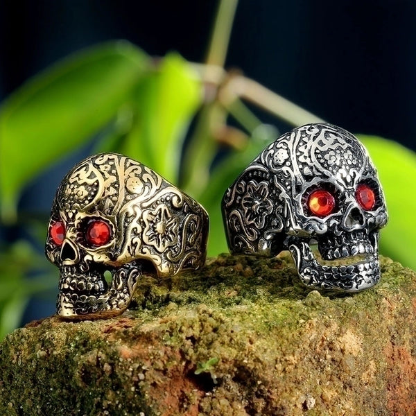 Hip-Hop Punk Streetwear Skull Stainless Steel Polishing Rhinestones None Halloween Men'S Rings