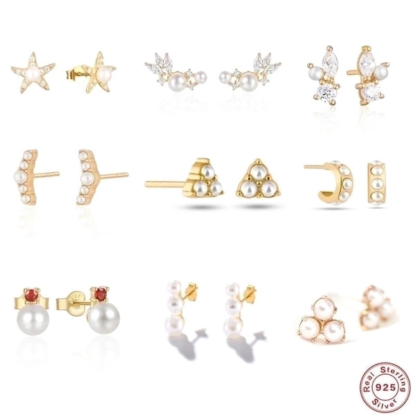 1 Pair 925 Sterling Silver Pearl Zircon Geometric Ear Studs