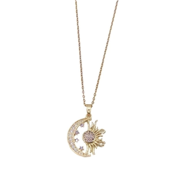 Copper Titanium Steel Minimalist Plating Inlay Moon Sun Zircon Pendant Necklace