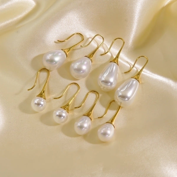 3 Pairs Elegant Minimalist Solid Color Plating Inlay 304 Stainless Steel Freshwater Pearl Pearl 14K Gold Plated Drop Earrings