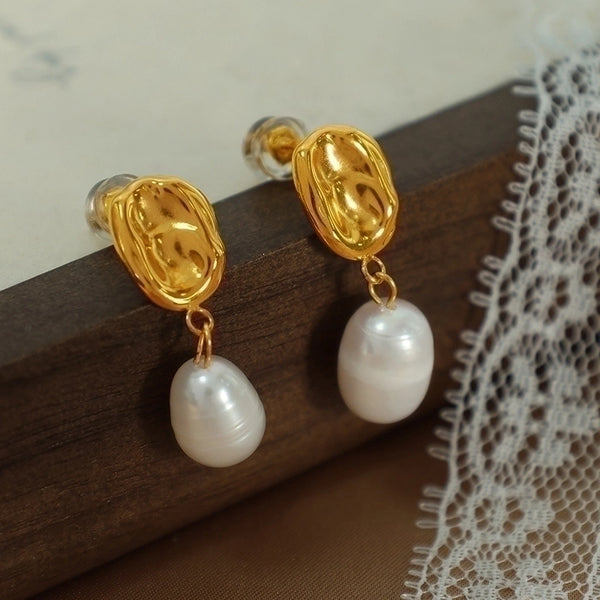 1 Pair Elegant Vintage Style Irregular Color Block Plating Inlay Titanium Steel Freshwater Pearl 18K Gold Plated Drop Earrings