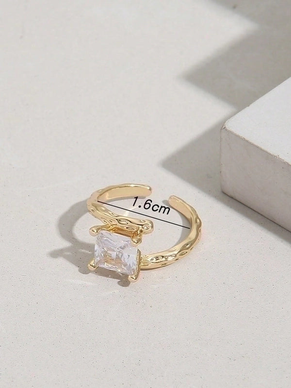 Glam Shiny Square Copper Plating Inlay Zircon 18K Gold Plated Open Rings