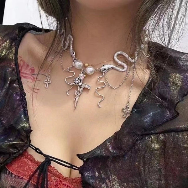 Sweet Cool Style Cross Rose Snake Imitation Pearl Alloy Plating Women'S Necklace