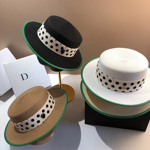 Women'S Pastoral Minimalist Polka Dots Straps Big Eaves Straw Hat