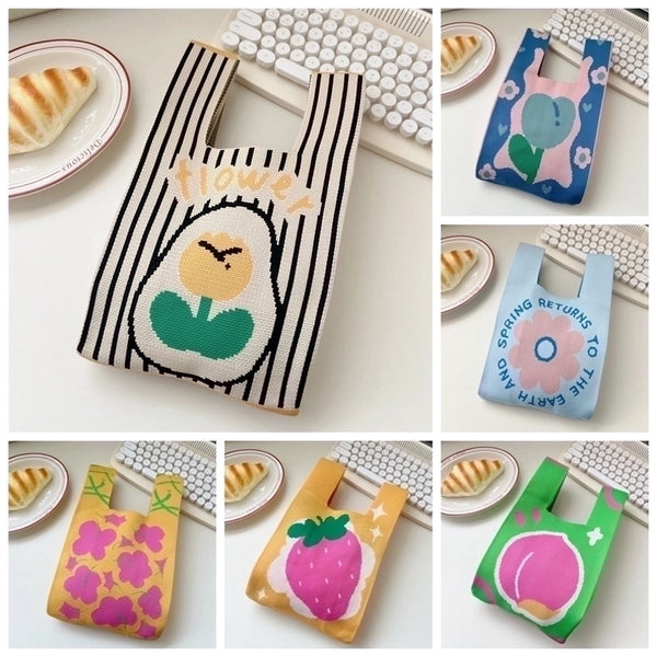 Women'S Small Knit Stripe Fruit Cute Basic Weave Open Bucket Bag