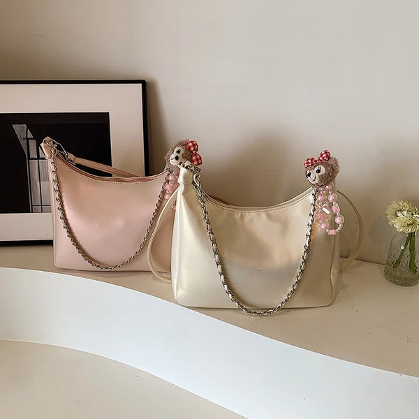 Women'S Medium Pu Leather Solid Color Basic Classic Style Sewing Thread Pillow Shape Zipper Tote Bag