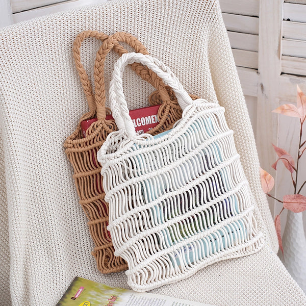 Women'S Medium Cotton Solid Color Vacation Beach Hollow Open Handbag
