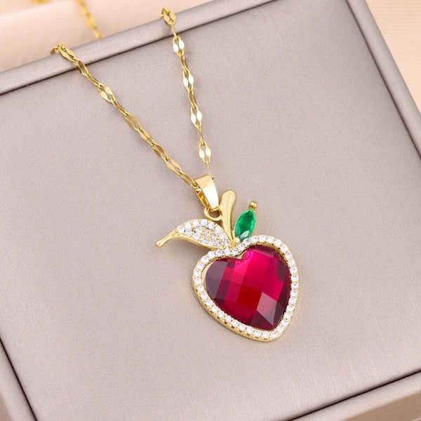 Cute Heart Shape Apple Titanium Steel Copper Glass Drill Zircon 18K Gold Plated Pendant Necklace