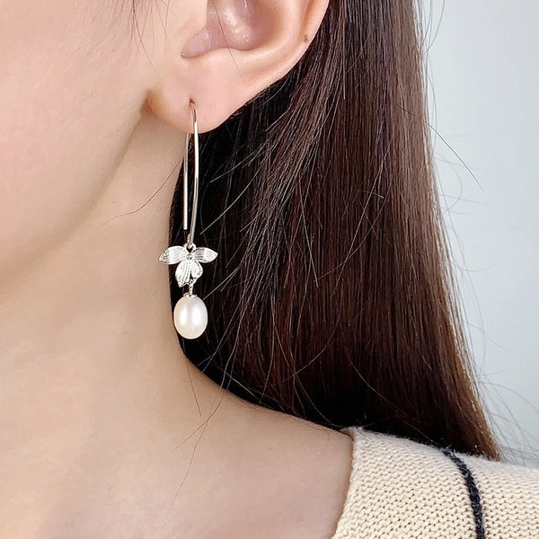 1 Pair White Gold Plated 925 Sterling Silver Pearl Round Drop Earrings