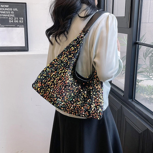 Women'S Medium Sequin Pu Leather Solid Color Basic Classic Style Sequins Square Magnetic Buckle Underarm Bag