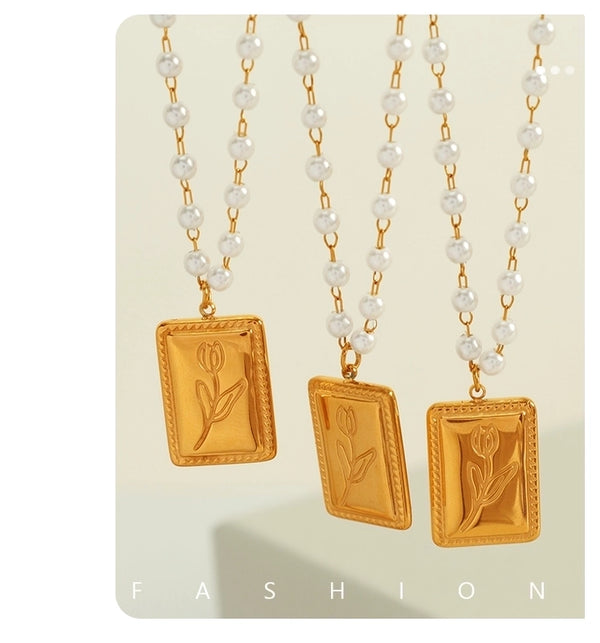Ig Style Elegant Princess Tulip Rectangle 304 Stainless Steel 18K Gold Plated Polishing Pearl Pendant Necklace