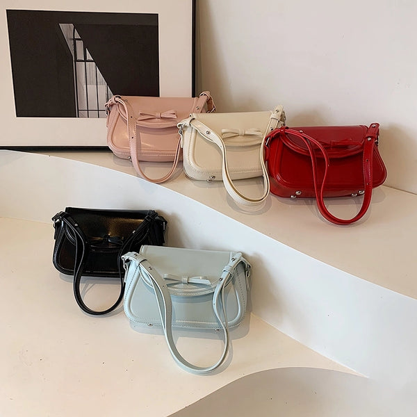 Women'S Pu Leather Solid Color Cute Classic Style Streetwear Bowknot Sewing Thread Square Flip Cover Shoulder Bag