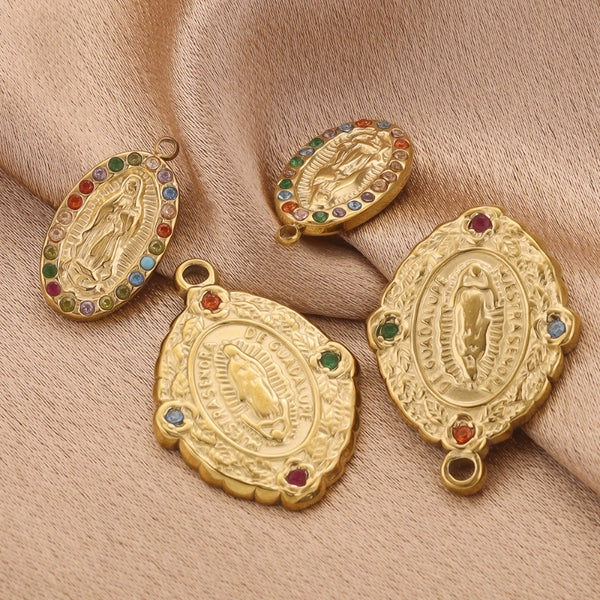 4 Pieces Per Pack 304 Stainless Steel Rhinestones Virgin Mary Color Block Pendant Jewelry Accessories