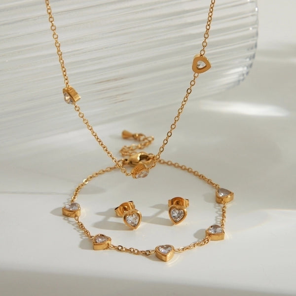 Ig Style Basic Heart Shape Solid Color 304 Stainless Steel Zircon 18K Gold Plated Bracelets Jewelry Set