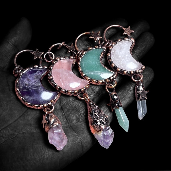 2 Pieces 35*91Mm Crystal Green Aventurine Natural Stone Crystal Star Moon Pendant Jewelry Accessories