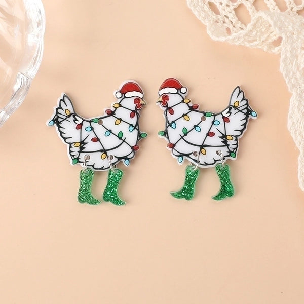 10 Pieces Hot Sale Double-Sided Acrylic Creative Christmas Chicken Earrings Necklace Keychain Pendant Chicken Positive And Negative