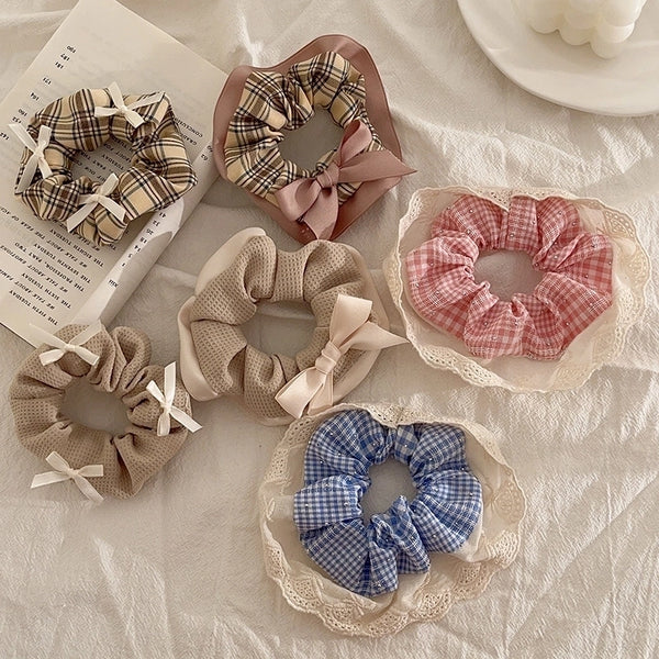 Women'S Ig Style Sweet Plaid Bow Knot Cloth Rib-Knit Lace Rivet Hair Tie