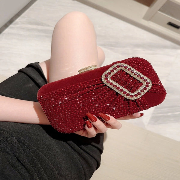 New Red Square Buckle Banquet Bag Evening Bag Velvet Dinner Clutch Bag Chain Bag High-Grade Box Bag For Women