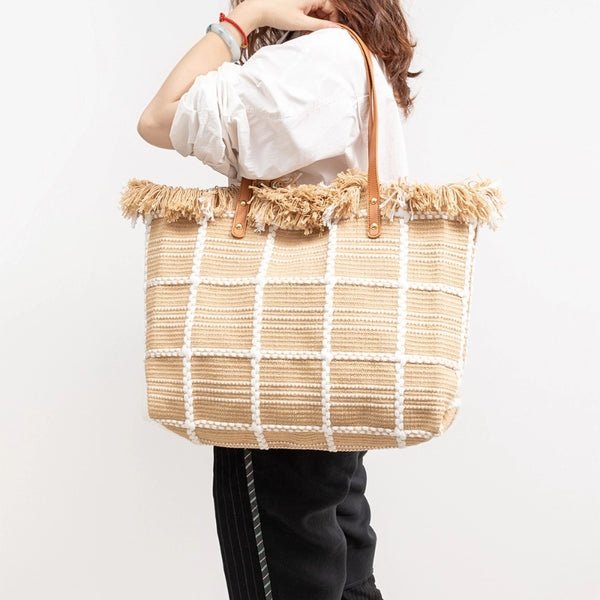 Women'S Cotton Lattice Solid Color Vintage Style Square Magnetic Buckle Tote Bag