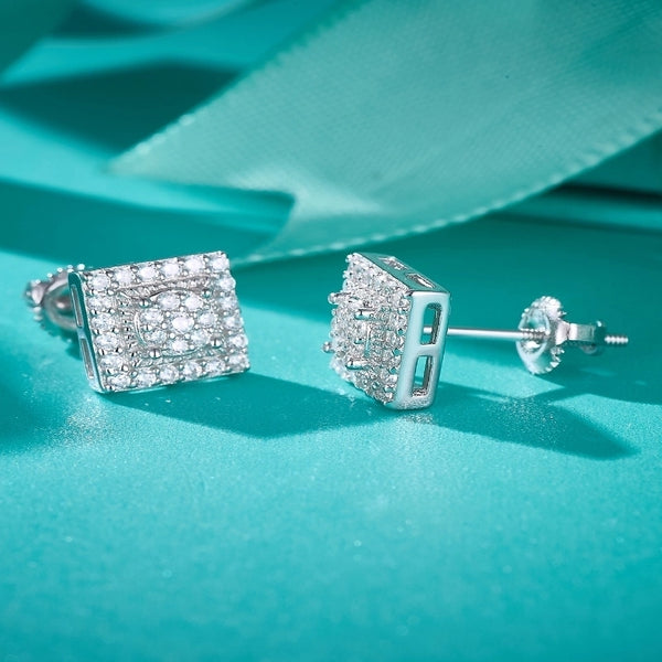 1 Pair 0.35 Karat Round Brilliant Cut Rhodium Plated 925 Sterling Silver 925 Sterling Silver Moissanite Vs1-Vs2 Vvs1-Vvs2 Gra Certificate Geometric Ear Studs Near Colorless(Ghi)