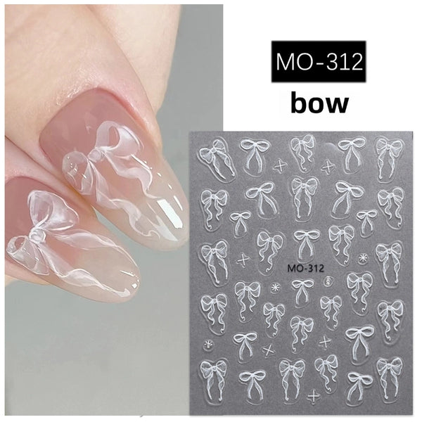 Bow Nail Art Sticker Relief Stereo Cute Girl'S Heart Pink White Ribbon Bow Nail Sticker Decoration