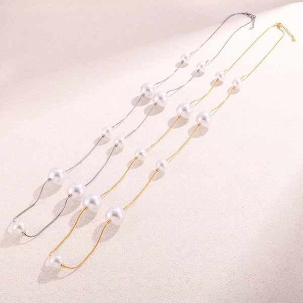Europe And America Geometric Highlight Shell Pearls Sweater Chain Stainless Steel 18K Gold Plated Pvd Long Sweater Accessories