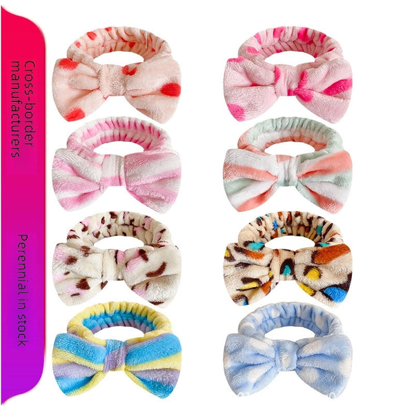 Leopard Stripe Bow Hair Band Women'S Face Washing Sports Hair Band Coral Fleece Hair Accessories