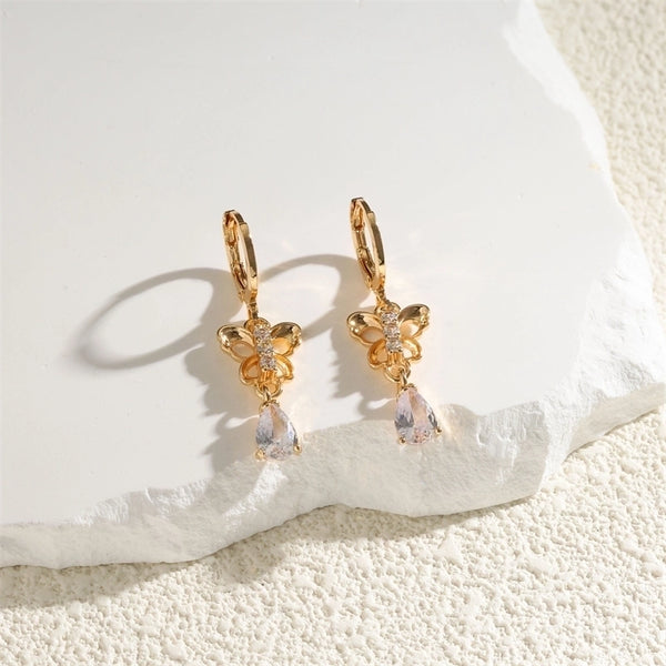 1 Pair Retro Minimalist Geometric Water Droplets Snowflake Inlay Copper Alloy Brass Zircon 18K Gold Plated Drop Earrings