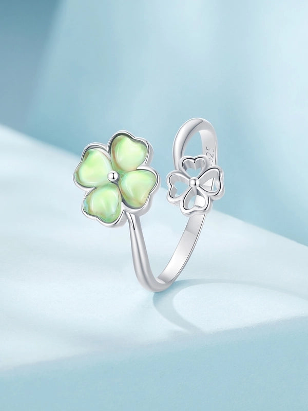 White Gold Plated 925 Sterling Silver Glass Four Leaf Clover Open Rings