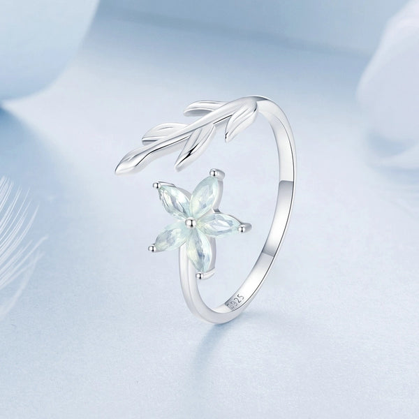 White Gold Plated 925 Sterling Silver Opal Leaf Flower Open Rings