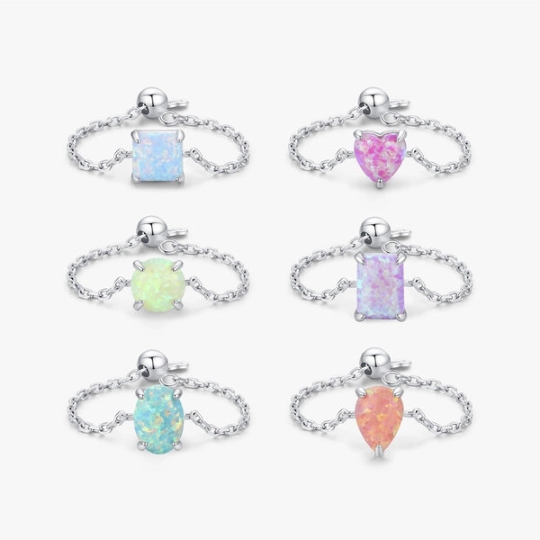 Rhodium Plated 925 Sterling Silver Opal Geometric Water Droplets Heart Shape Open Rings