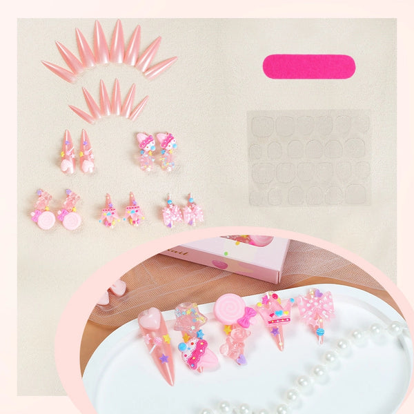 Sweet Crown Candy Bow Knot Abs Press-On Nails 1 Set