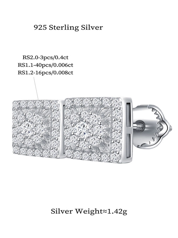 1 Pair 0.43 Karat Round Brilliant Cut Rhodium Plated 925 Sterling Silver 925 Sterling Silver Moissanite Vs1-Vs2 Vvs1-Vvs2 Gra Certificate Square Ear Studs Near Colorless(Ghi)
