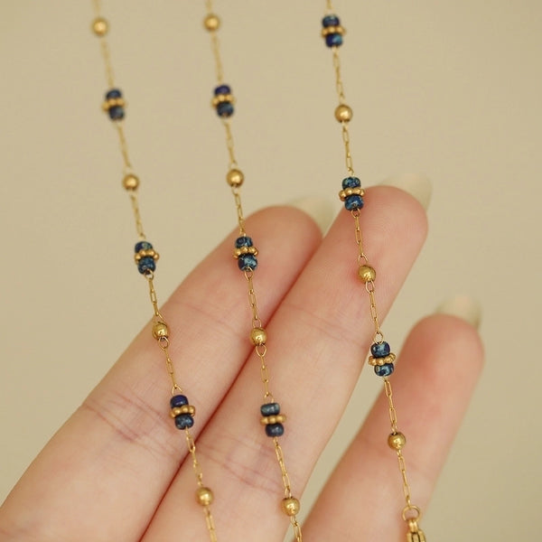 Oil Painting Sense Sky Blue Waste Soil Style Bead Imitation Lazuline Handmade Golden Balls Bracelet Necklace Sets Stainless Steel