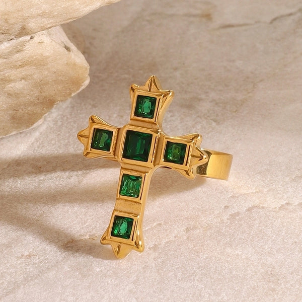 Minimalist Classic Style Cross 304 Stainless Steel Zircon Inlay Open Rings