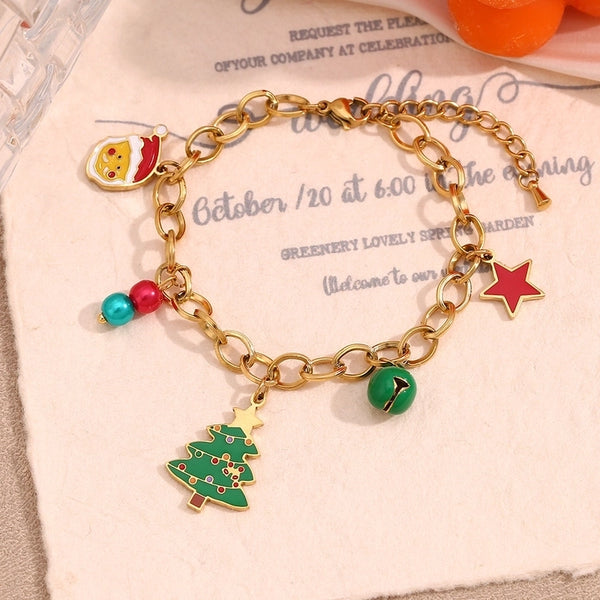 Cute Christmas Tree Santa Claus Bell 304 Stainless Steel 18K Gold Plated Cable Chain Bracelets In Bulk Christmas