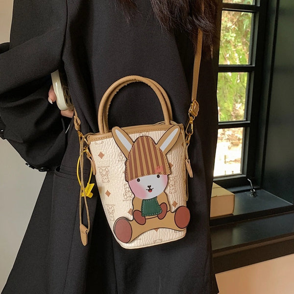 Women'S Pu Leather Rabbit Cute Bucket String Shoulder Bag Crossbody Bag Bucket Bag