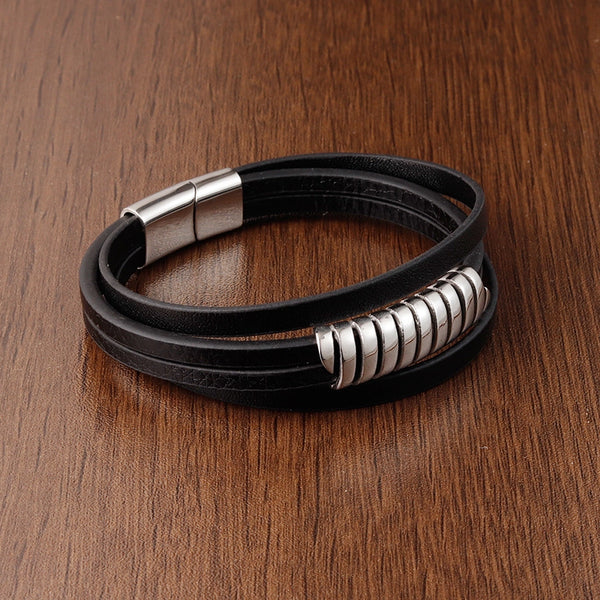Vintage Style Classic Style Geometric Pu Leather Titanium Steel Woven Chain Wrap Bracelets